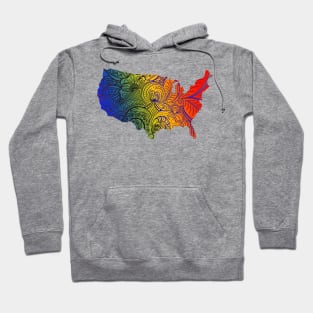 Colorful mandala art map of the United States of America in blue, yellow and red with dark hues Hoodie